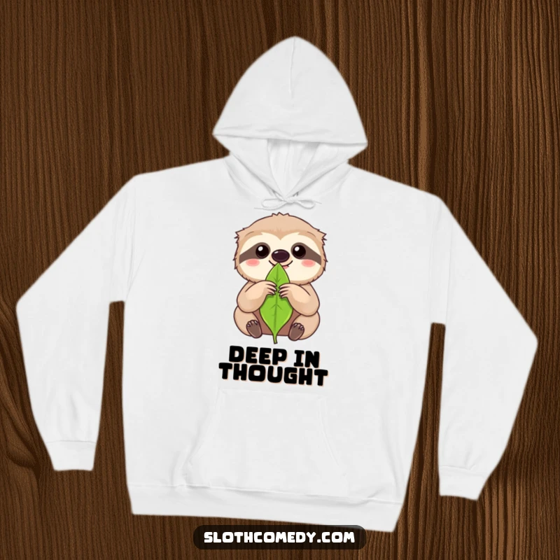 Funny kawaii sloth holding a single leaf with intense focus on a hoodie, symbolizing dedication and humorous warmth.