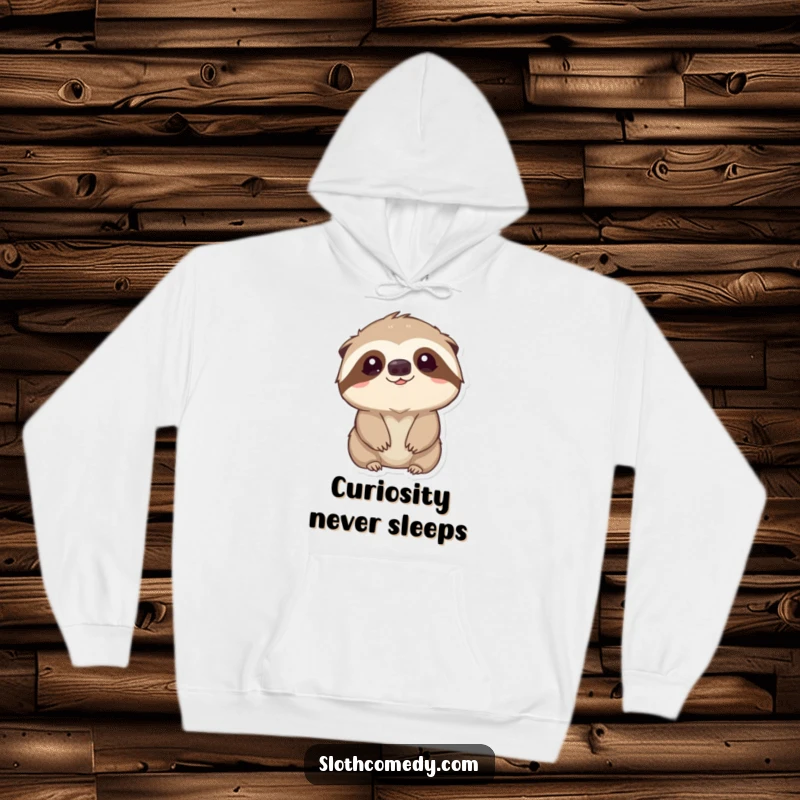 Funny Hoodie: A kawaii sloth looks upward with gentle curiosity, shrouded in cozy fabric, offering comfort and charm, a funny gift.