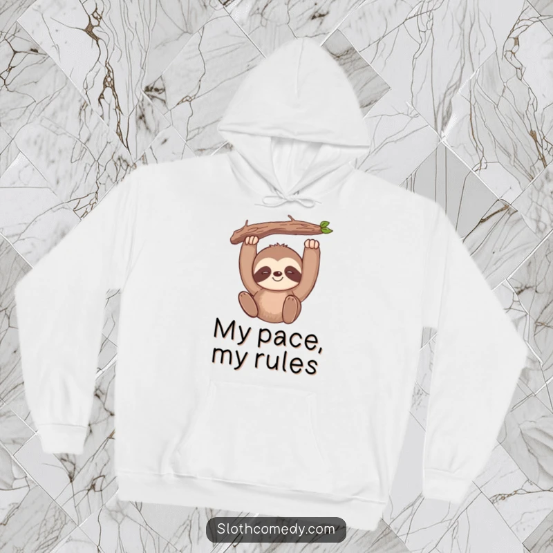 Funny kawaii sloth hoodie featuring a slow-smiling sloth hanging serenely from a branch, perfect for cozy relaxation.
