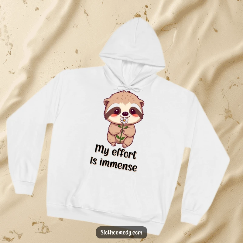 Funny Kawaii Sloth Hoodie: A sloth makes a big effort to offer a flower, providing cozy comfort and humorous encouragement.