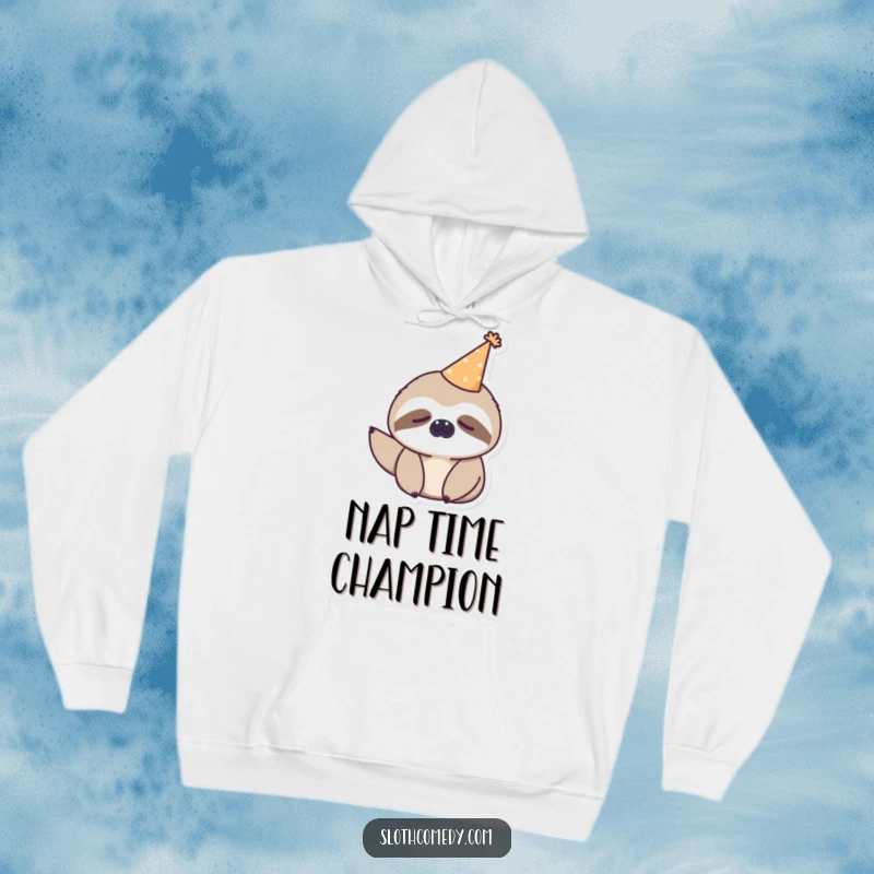 Funny kawaii sloth wearing a tiny party hat, looking sleepy on a hoodie, offering warmth and humorous style.