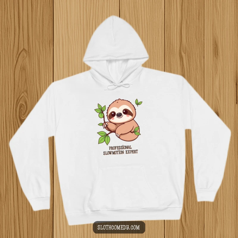 Funny Hoodie: Adorable kawaii sloth smiling while slowly extending a branch, ideal for casual wear and humorous vibes.