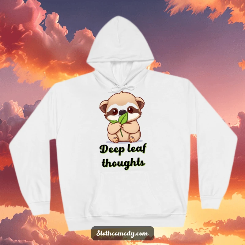 Funny kawaii sloth hoodie featuring a sloth with intense focus on a single leaf, representing calm concentration.