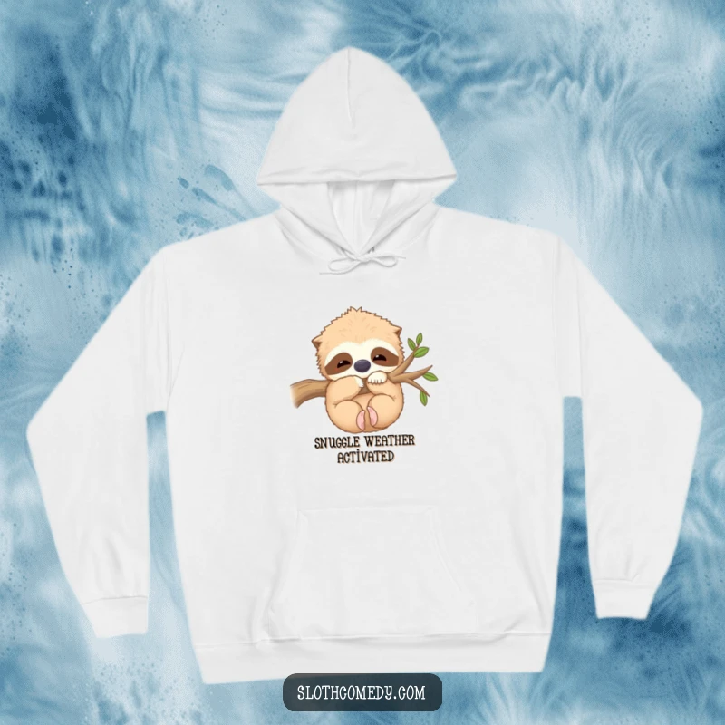Funny Hoodie: A kawaii sloth hugs a fuzzy branch contentedly, offering warmth and soft comfort, a perfectly snuggly funny gift.