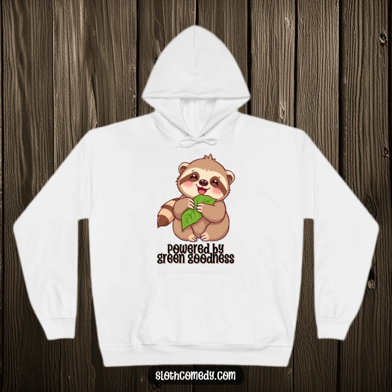 Funny Hoodie: Adorable kawaii sloth joyfully munching on a leaf, perfect for cozy days and spreading smiles.