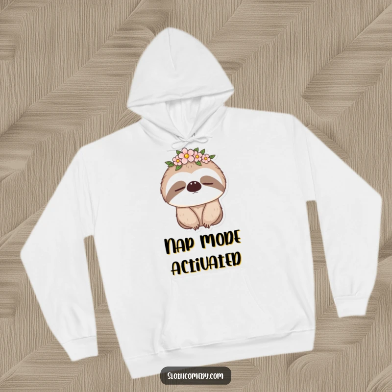 Funny hoodie displaying a drowsy sloth wearing a delicate flower crown, radiating peacefulness and humor, a perfect funny gift.