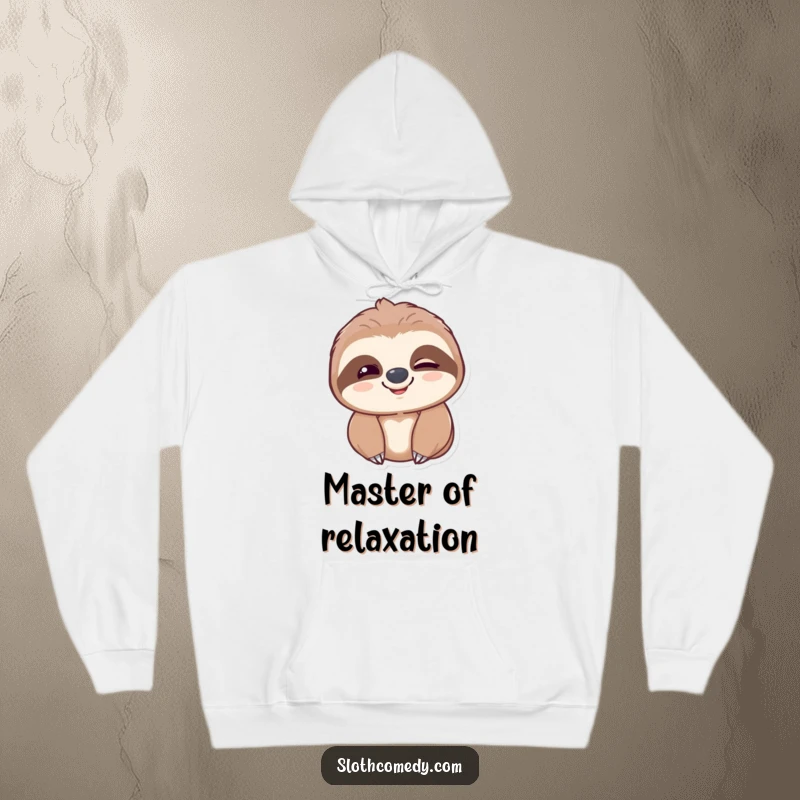 Funny sloth hoodie design with a contented sloth slowly blinking and smiling, offering ultimate coziness and gentle humor.