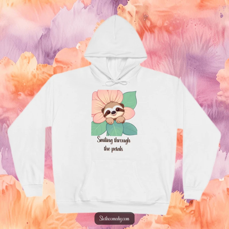 Funny Sloth Hoodie: A smiling sloth character peeks from behind a large flower, offering a cozy and humorous surprise.