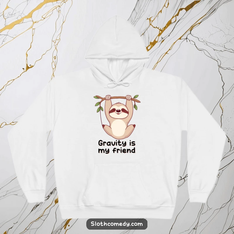 Funny hoodie with a sloth hanging upside down, expressing deep relaxation with a contented sigh.