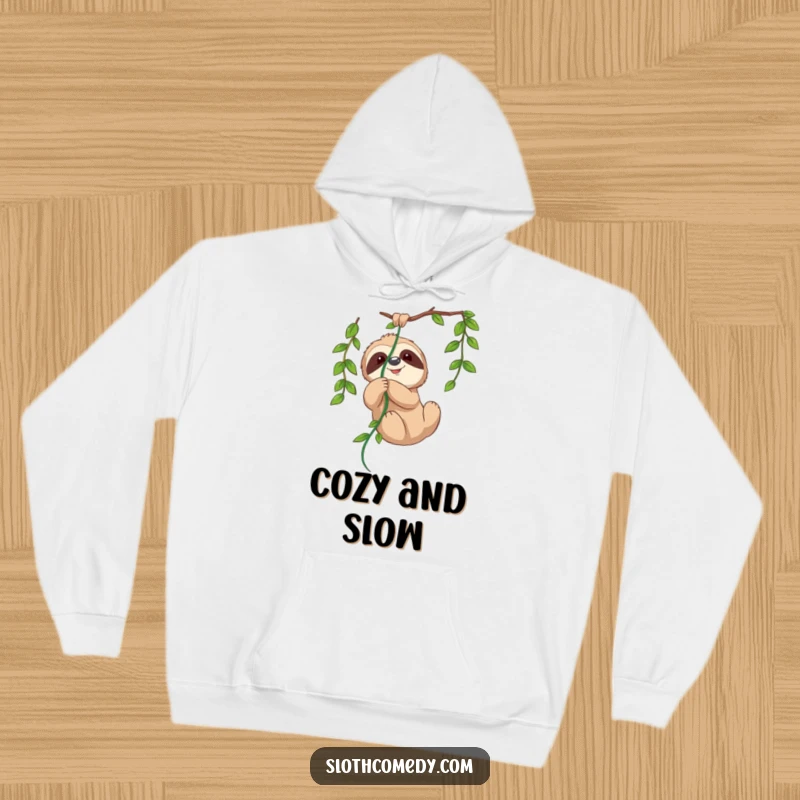 Comfortable hoodie featuring a funny sloth playfully caught in a hanging vine, exuding a sense of relaxed joy and humor.