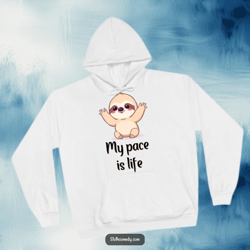 Funny kawaii sloth doing a very slow, deliberate wave on a hoodie, offering humorous comfort and slow greetings.