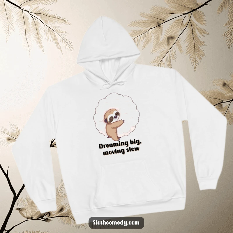 Funny hoodie depicting a small sloth reaching for a giant, puffy cloud, symbolizing effort and dreams in a humorous, heartwarming design.