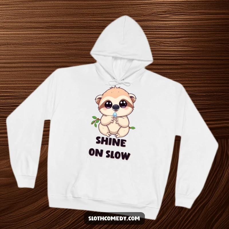 Cozy hoodie showcasing a sloth with captivating, sparkling eyes, delicately holding a single dewdrop, exuding peaceful magic.