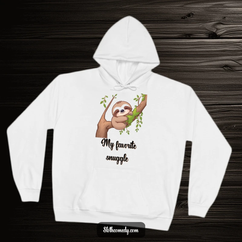 Funny sloth hoodie featuring a content sloth hugging a mossy branch, symbolizing peace, nature, and ultimate cozy vibes.