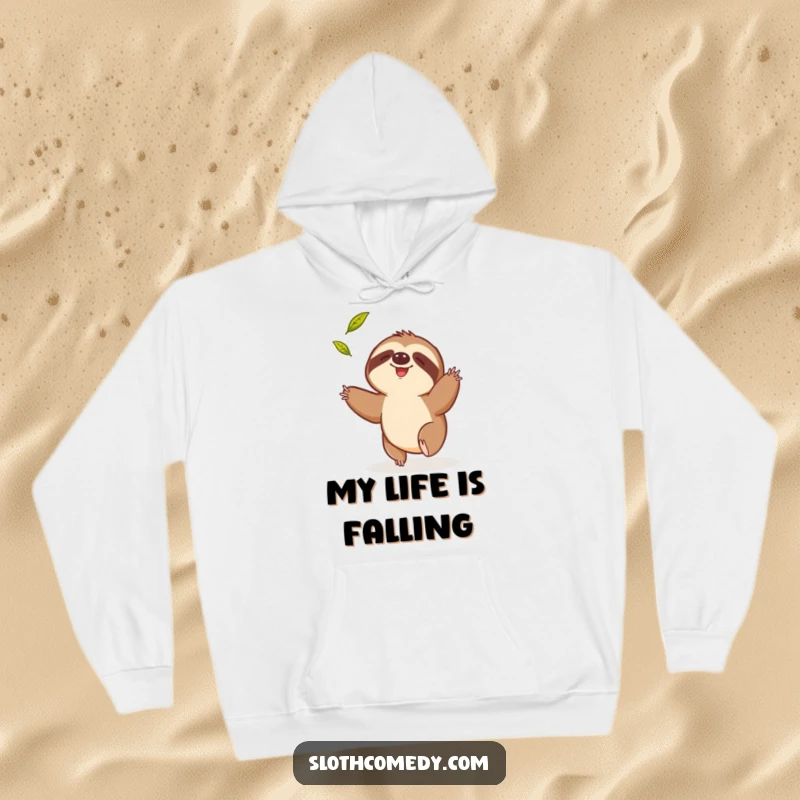 Funny hoodie featuring a sloth comically attempting to catch a falling leaf, representing humorous perseverance and effort.