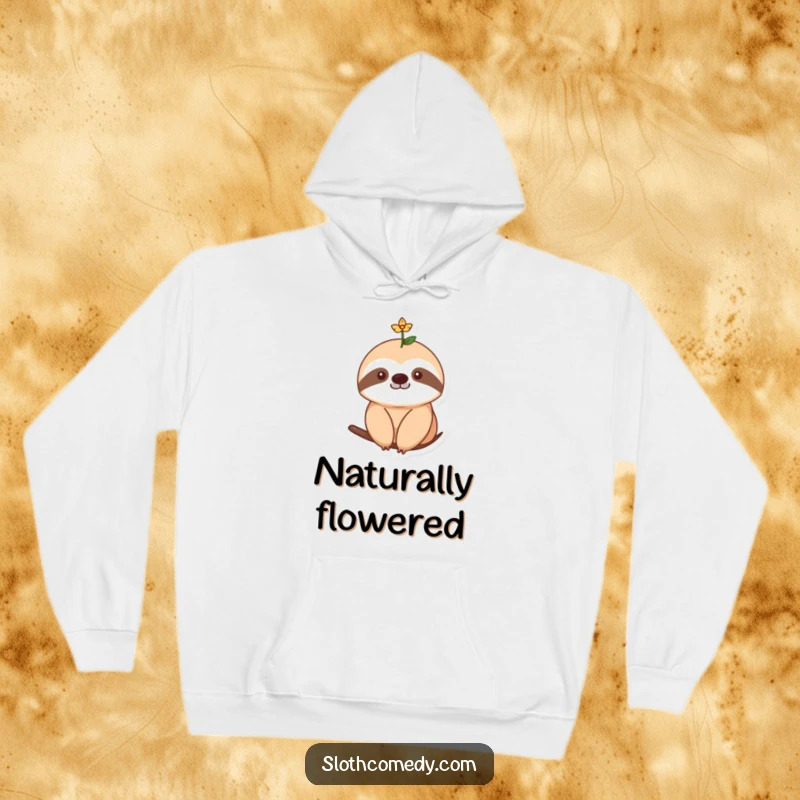 Funny Hoodie featuring a sloth with a single, tiny flower blooming on its head, exuding a sense of gentle happiness and floral charm.
