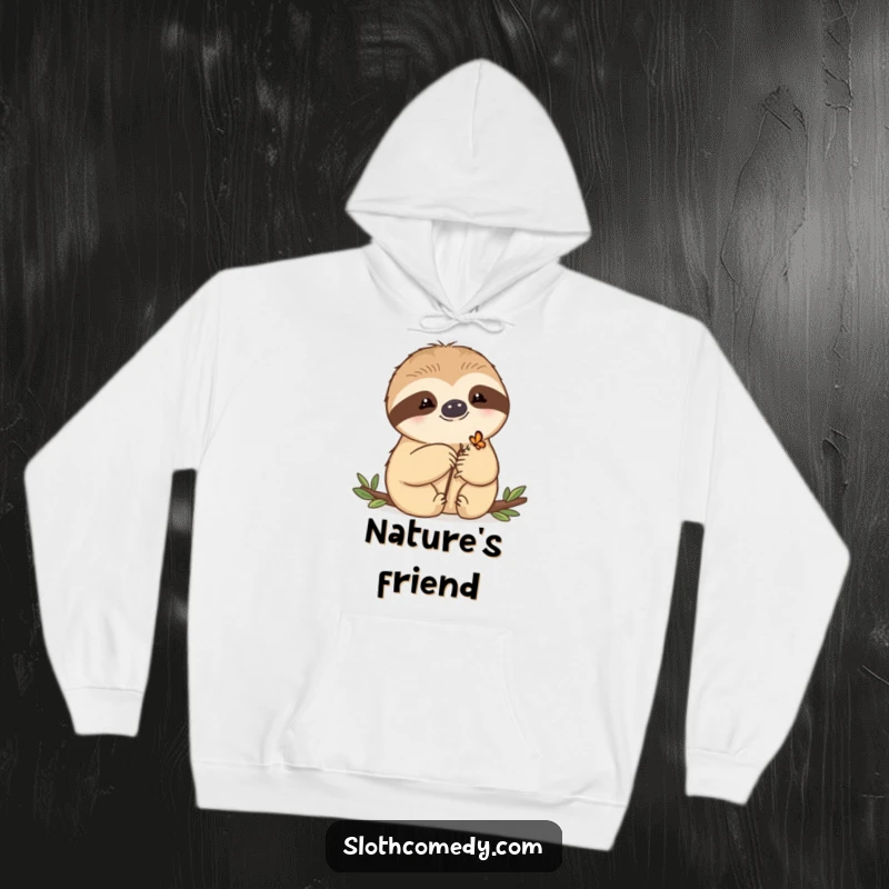Funny Hoodie showcasing a kawaii sloth gently holding a tiny butterfly on its paw, offering comfort and a touch of natural charm.