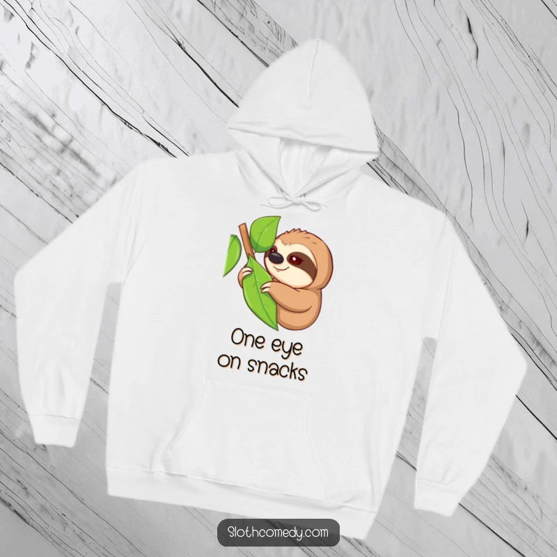 Funny hoodie showcasing a sloth with one eye open, slowly reaching for a leaf, symbolizing perseverance and comfort, a funny gift.