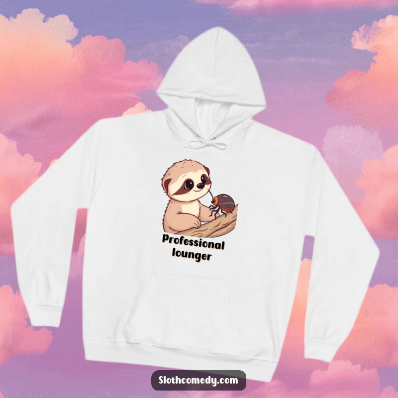 Funny hoodie featuring a whimsical sloth captivated by a slow beetle, exuding warmth, wonder, and a love for leisurely observation.