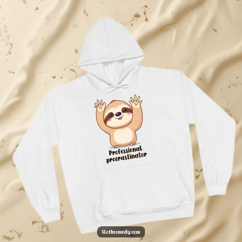 Funny kawaii sloth hoodie showing a cute sloth doing a very slow, deliberate, funny wave, ideal for warm and humorous lounging.