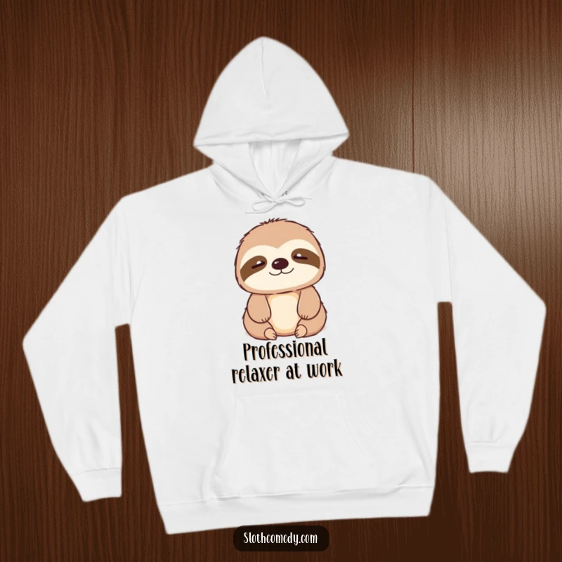Funny kawaii sloth hoodie depicting a small, contented sigh, offering ultimate comfort and humorous relaxation.
