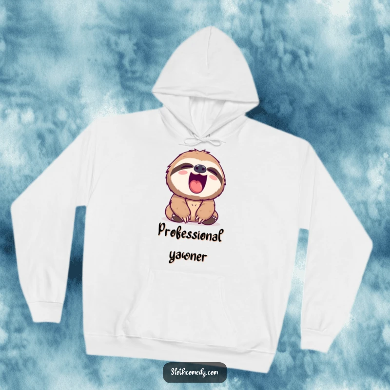 Funny sloth hoodie featuring a sloth’s wide yawn and pink mouth, embodying ultimate cozy relaxation.