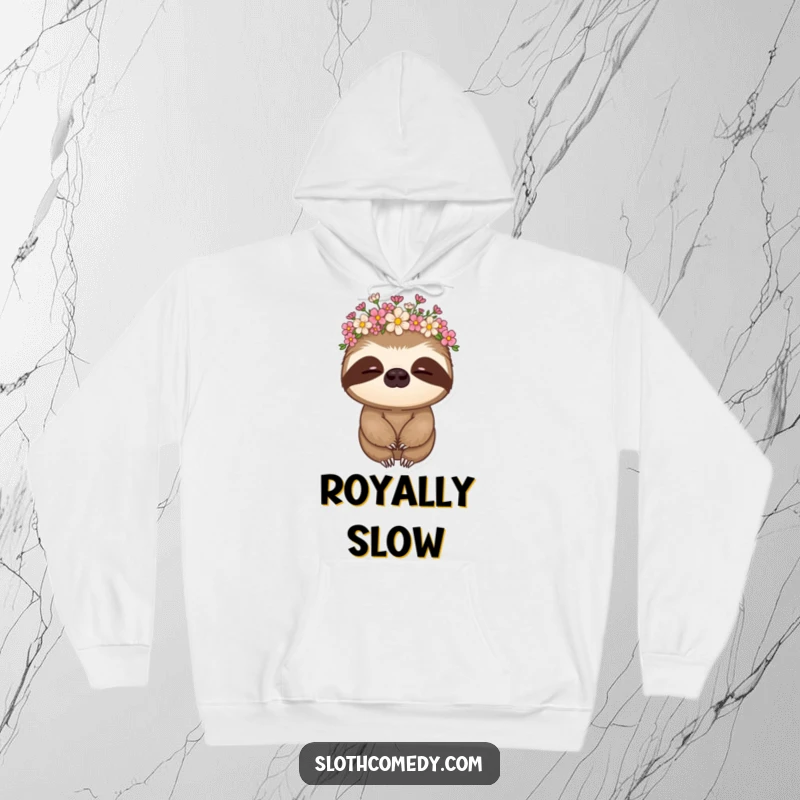 Funny sloth hoodie featuring a sloth adorned with a flower crown, nodding slowly, perfect for ultimate coziness.