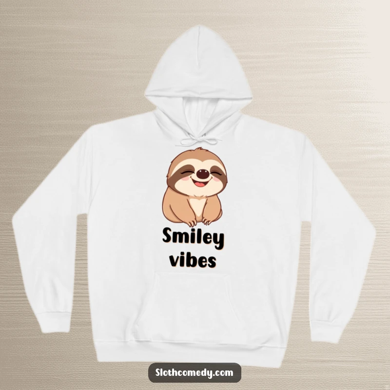 Comfortable hoodie featuring a sloth slowly blinking before breaking into a huge, joyful grin, embodying a transition to happiness.
