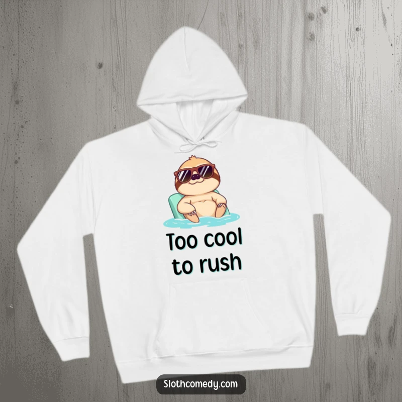 Funny hoodie featuring a cool sloth in sunglasses enjoying a sunbath, offering humorous warmth and relaxed vibes for ultimate comfort.