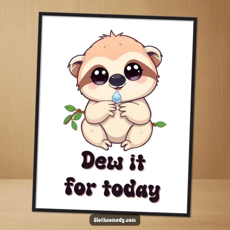 Cute Free Printable Wall Art: A sloth with sparkling eyes delicately holds a single dewdrop, bringing a sense of peace and wonder.