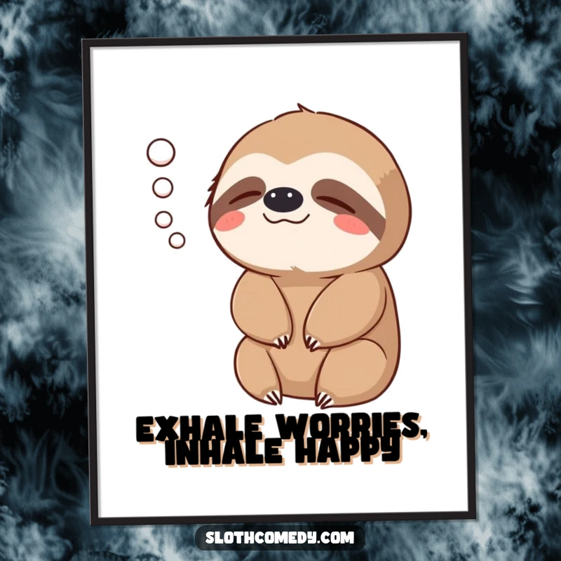 Funny Free Printable Wall Art of a sloth with a contented exhale (gentle puff of air), a relaxed and humorous art piece.