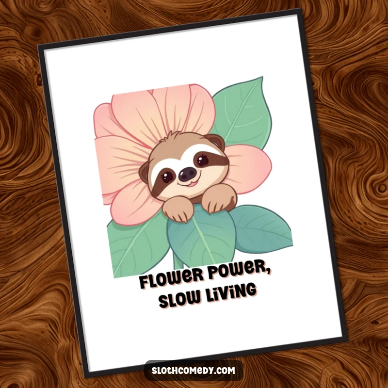 Funny free printable wall art of a smiling sloth peeking from behind a vibrant flower, adding a playful and cute element.