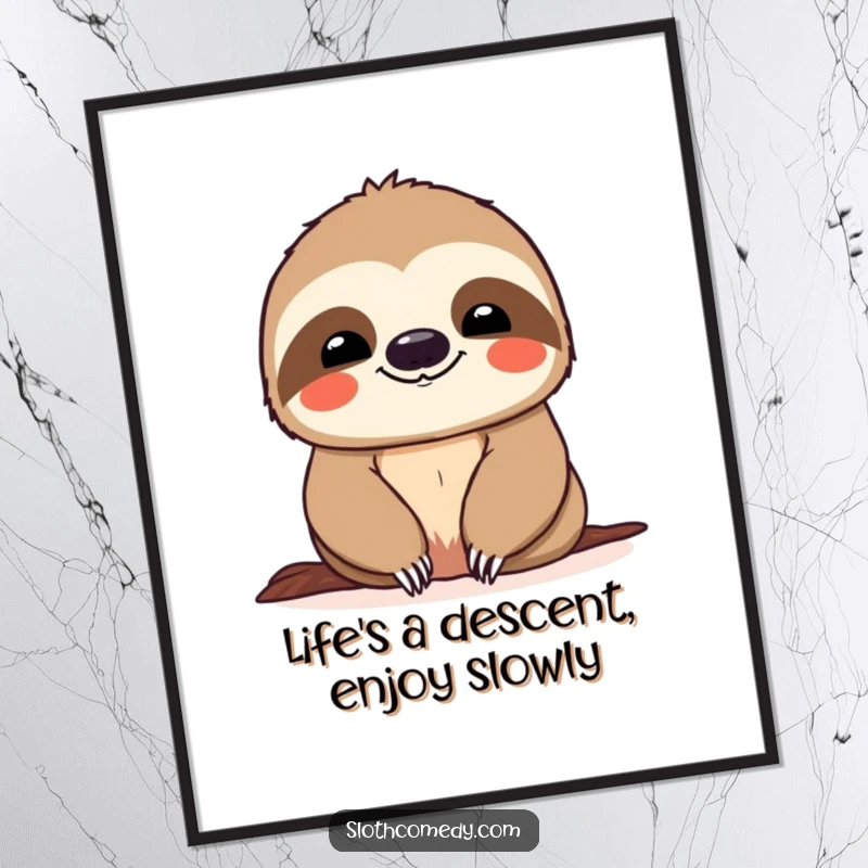 Funny Free Printable Wall Art of a smiling sloth enjoying a slow descent, a relaxed and humorous downloadable art piece.