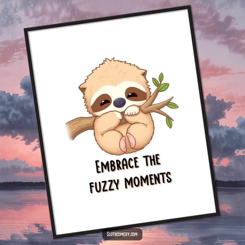 Funny free printable wall art of a kawaii sloth contentedly hugging a fuzzy branch, radiating peace and comfort.
