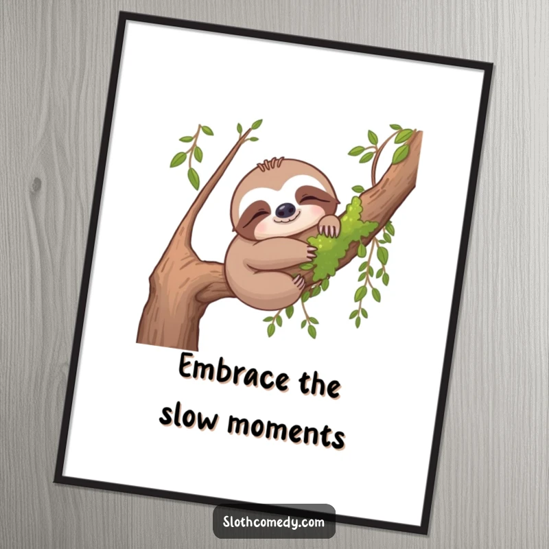 Funny Free Printable Wall Art: A sloth hugs a mossy branch with pure contentment, radiating peaceful and cozy vibes.