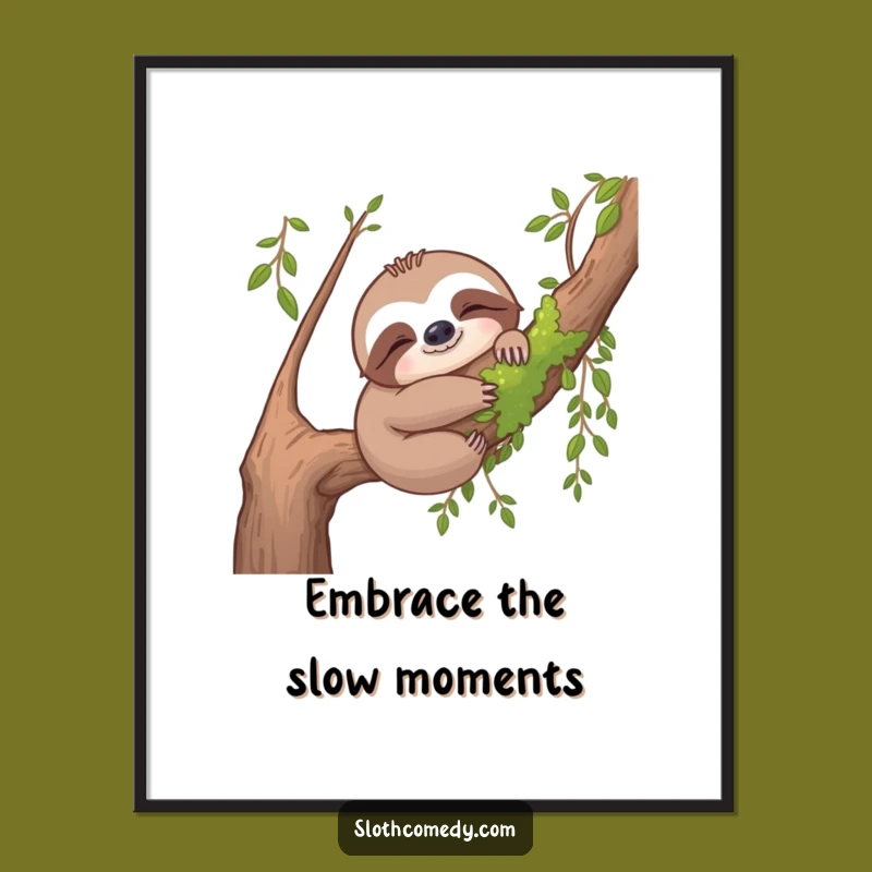 Free Printable Wall Art: Content Sloth Hugging Branch, Cozy Downloadable Decor