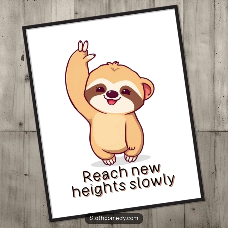 Funny Free Printable Wall Art of a kawaii sloth dramatically stretching one arm upwards in a hilarious pose.