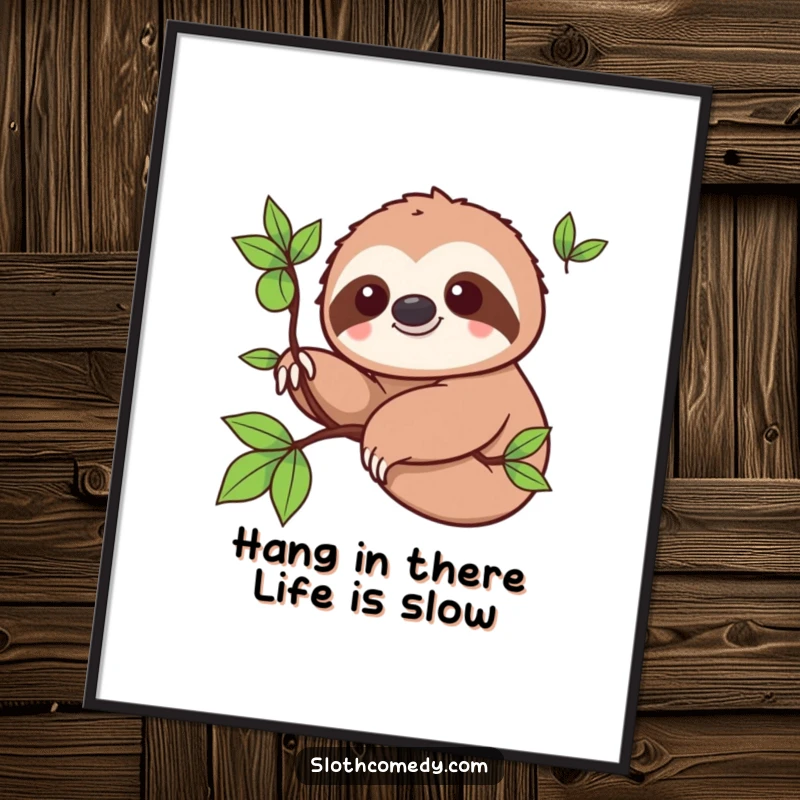 Funny Free Printable Wall Art: A kawaii sloth smiling as it slowly extends a branch, offering downloadable decor.
