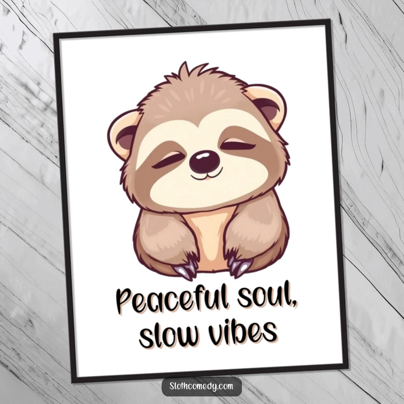 Funny Free Printable Wall Art of a kawaii sloth blinking slowly with wide, peaceful eyes, bringing serene vibes to any room.