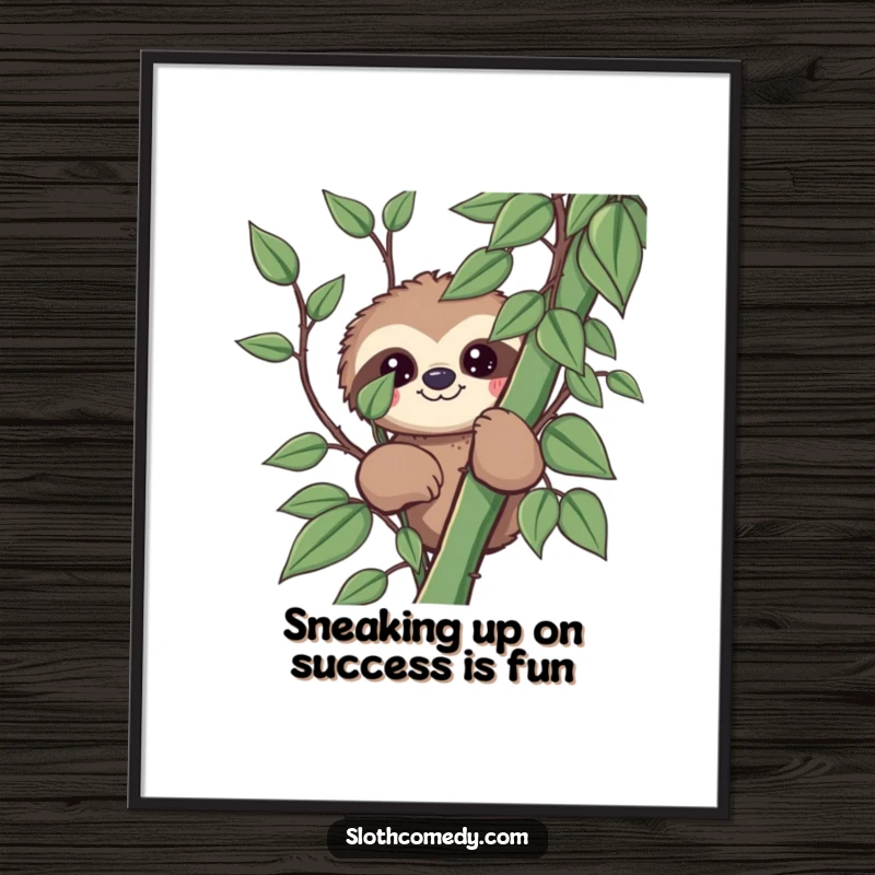 Funny Free Printable Wall Art: Kawaii sloth peeking mischievously from behind a thick vine, creating playful decor.