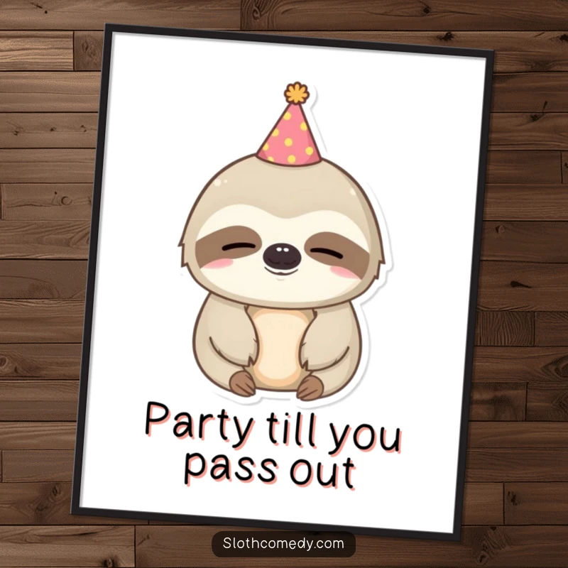 Funny Free Printable Wall Art: Kawaii sloth wearing a tiny party hat looks adorably sleepy.