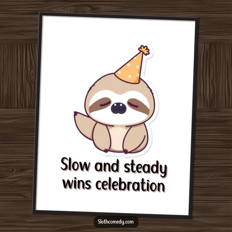 Funny Free Printable Wall Art: Sleepy Kawaii Sloth wearing a tiny party hat exudes chill vibes, perfect for funny, downloadable home decor.