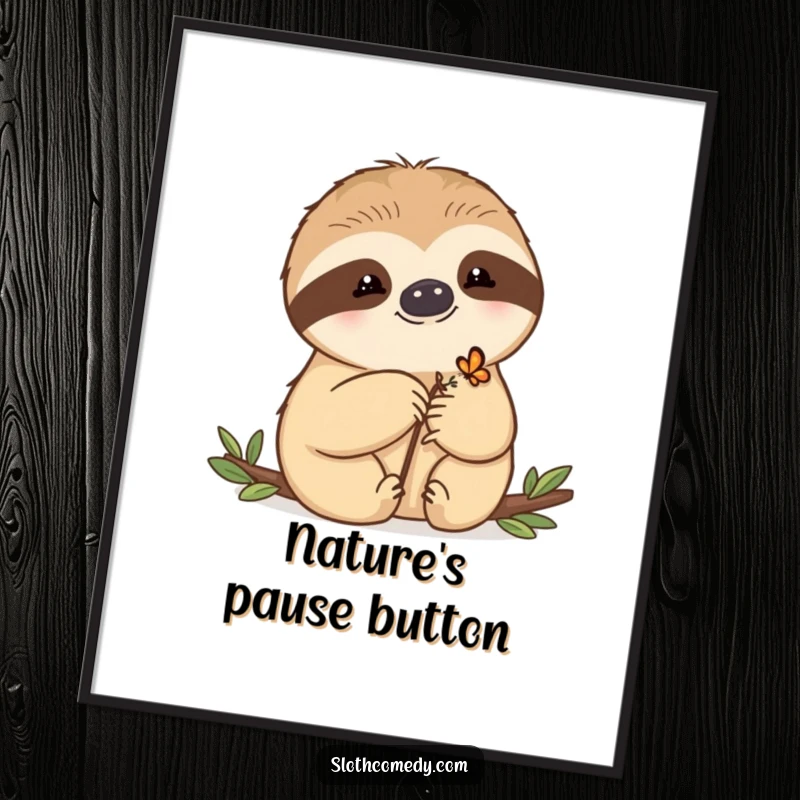 Funny Free Printable Wall Art of a kawaii sloth allowing a tiny butterfly to rest on its paw, symbolizing gentle connection.