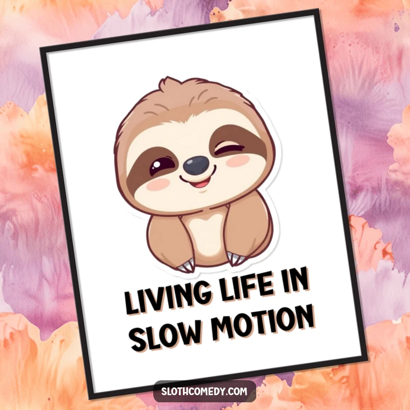 Funny Free Printable Wall Art: A sloth sits with eyes slowly blinking, a content smile on its face, radiating peaceful vibes.