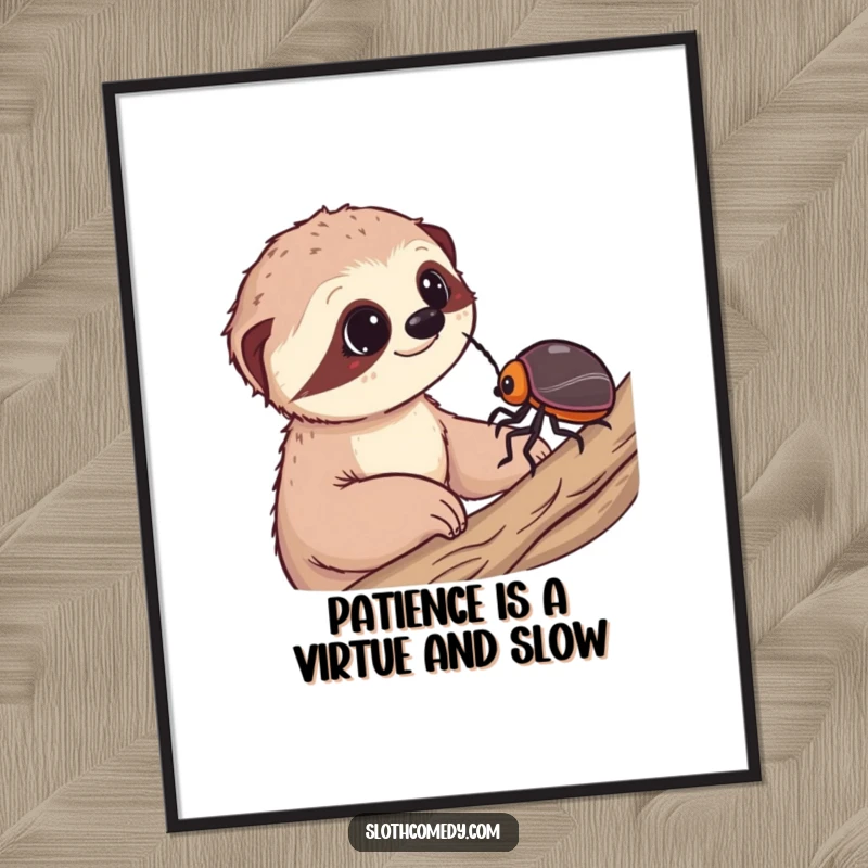 Funny Free Printable Wall Art: A sloth looks on with wonder at a tiny, slow-moving beetle, creating humorous decor.