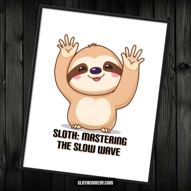 Funny Free Printable Wall Art of a kawaii sloth performing a very slow, deliberate wave, adding a touch of unhurried amusement to any room.
