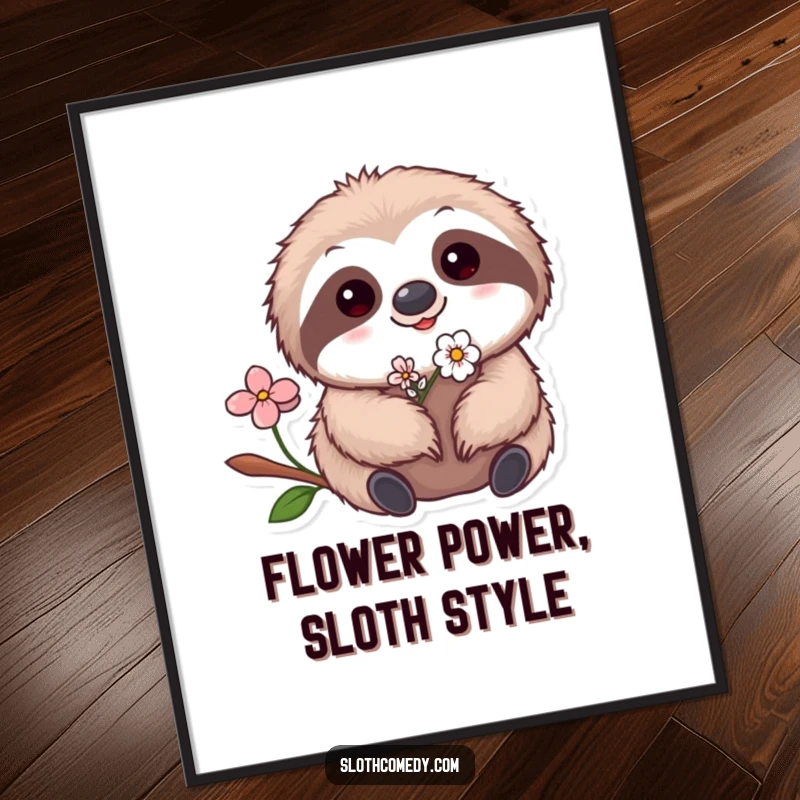 Funny Free Printable Wall Art: A kawaii sloth with a delicate flower in its fur radiates sweetness and charm.