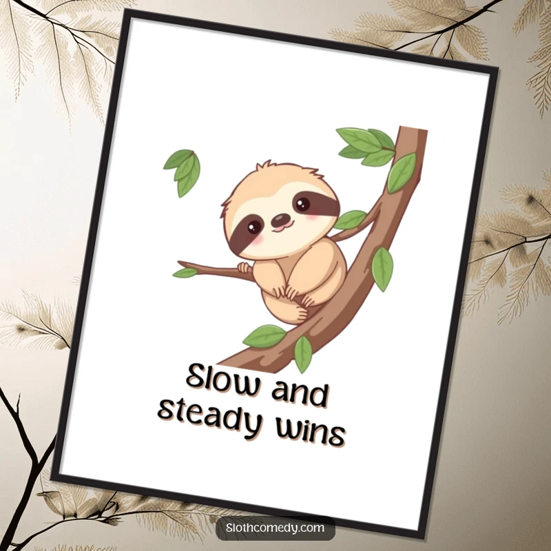 Funny Free Printable Wall Art: A cute sloth with a gentle smile, slowly inching along a tree branch with visible effort.