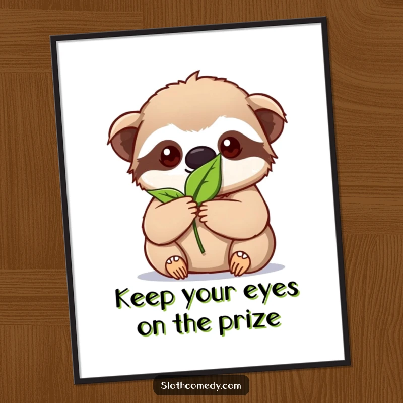 Funny Free Printable Wall Art: Kawaii sloth holding a single leaf with absolute, intense focus.
