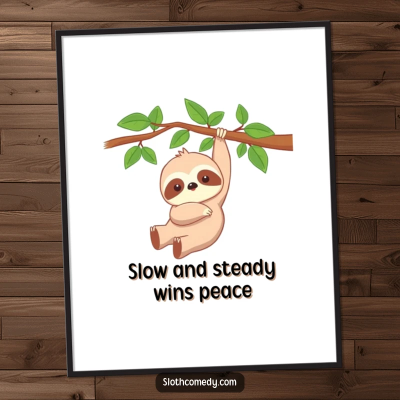 Funny Free Printable Wall Art: A cute kawaii sloth peacefully hanging from a branch, bringing calm and humor to the room.